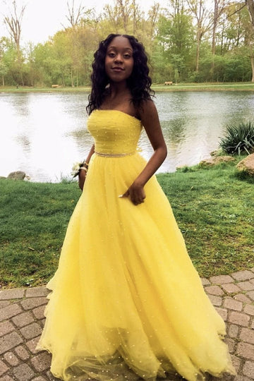 Yellow tulle long A line prom dress yellow evening dress HZ1023